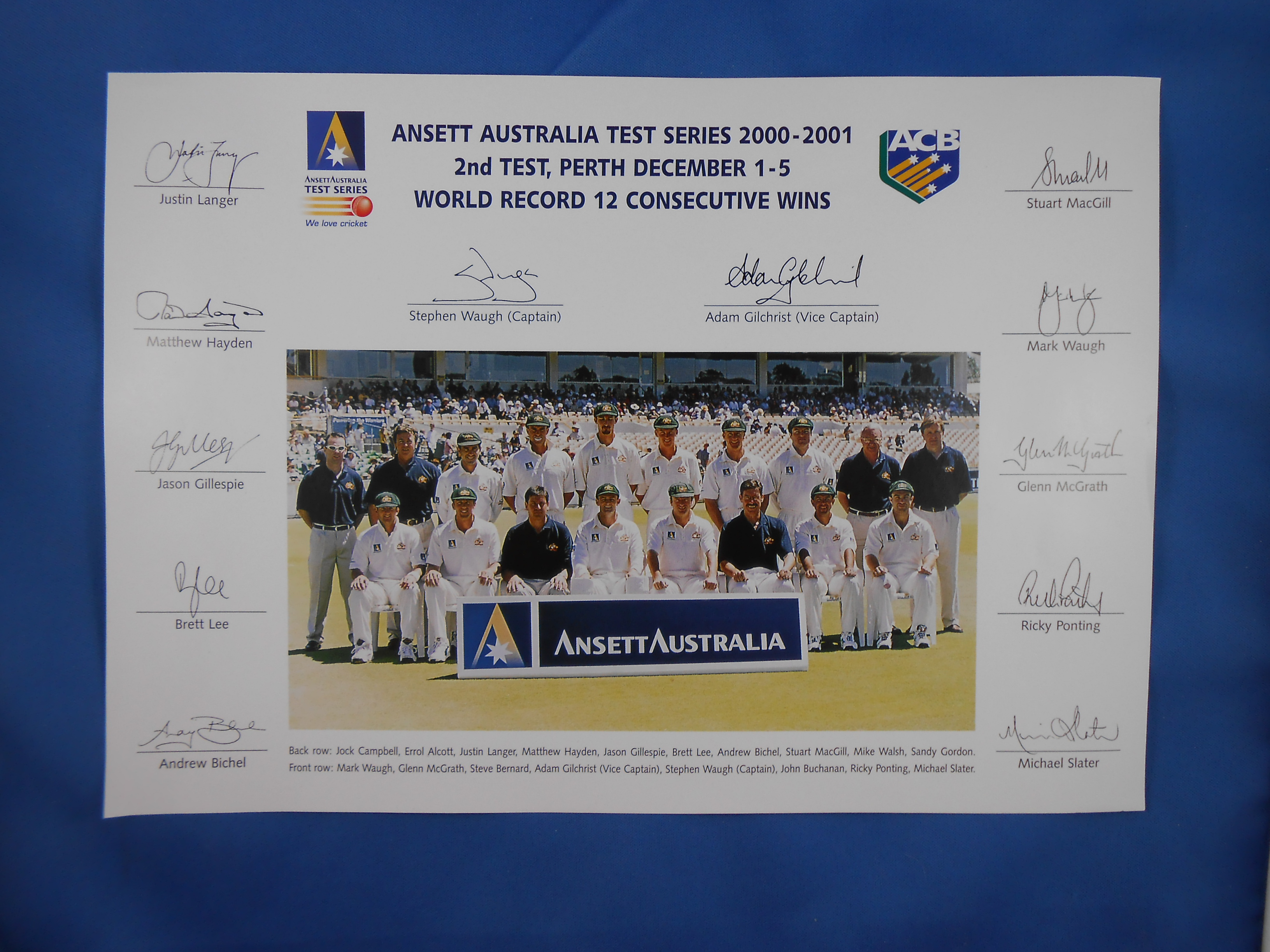 2000-2001 PERTH TEST TEAM PHOTO COLOURED PRINT 2000-2001 PERTH TEST TEAM PHOTO COLOURED PRINT